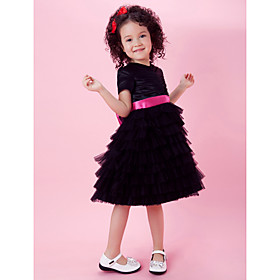A-line Knee-length Tulle And Satin Flower Girl Dress With High Neck