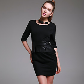 TS 3/4 Sleeve Leather Patch Sheath Dress