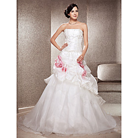 A-line Strapless Chapel Train Taffeta And Organza Wedding Dress