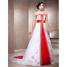 A-line Strapless Chapel Train Satin Wedding Dress With Embroidery