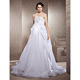 A-line Scallop Neck Court Train Taffeta Wedding Dress