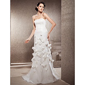 Sheath/Column Strapless Sweep/Brush Train Lace Satin Wedding Dress