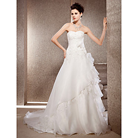 A-line Strapless Court Train Organza And Lace Wedding Dress