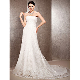 A-line Sweetheart Court Train Lace Organza Wedding Dress