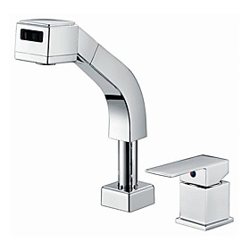 Contemporary Solid Brass Widespread Pull Out Kitchen Faucet (Chrome Finish)