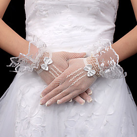 Lace Bridal Fingertips Wrist Length Gloves With Bow