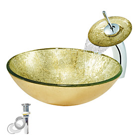 Tempered Glass Vessel Golden Sink With Waterfall Faucet ,Pop - Up drain and Mounting Ring
