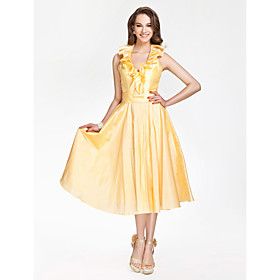 Halter A-line Tea-length Taffeta Bridesmaid Dress