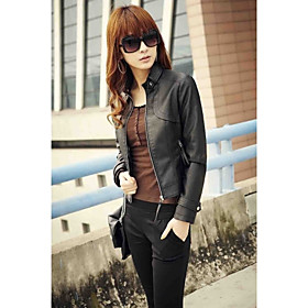 Long Sleeve Standing Collar PU Jacket With Pockets