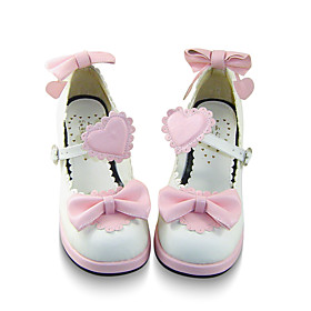 Handmade White PU Leather 4.5cm High Heel Princess Lolita Shoes with Bow