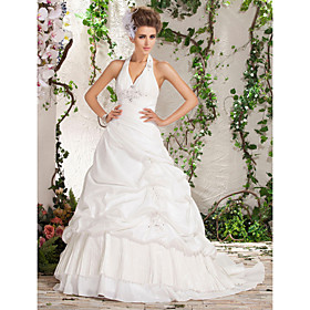 A-line Princess Halter Neckline Court Train Taffeta Wedding Dress