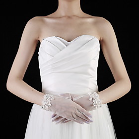 Tulle Wrist Length Fingertips Bridal Gloves With Rhinestone