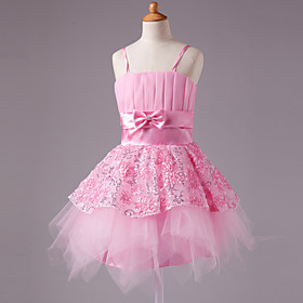 A-line Spaghetti Straps Knee-length Satin Bow Sleeveless Flower Girl Dress