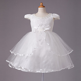 Ball Gown Jewel Knee-length Satin Short Sleeve Flower Girl Dress