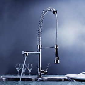 Contemporary Solid Brass Spring Kitchen Faucet with Two Spouts - Chrome Finish