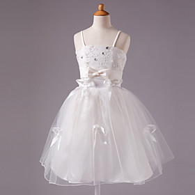 A-line Spaghetti Straps Knee-length Satin Sleeveless Flower Girl Dress
