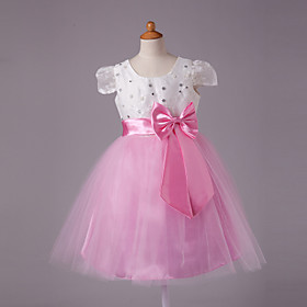 A-line Scoop Knee-length Satin Short Sleeve Flower Girl Dress