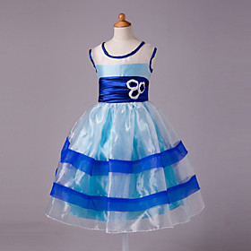 A-line Jewel Sleeveless Knee-length Satin And Tulle Flower Girl Dres