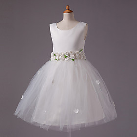 Ball Gown Scoop Knee-length Satin And Tull Sleeveless Flower Girl Dress