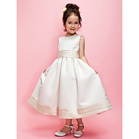 A-line/Ball Gown Jewel Tea-length Satin Flower Girl Dress With Ribbon and Flower