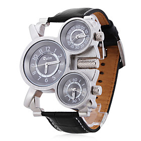 Men's Leather Analog Quartz Wrist Watch (3 Time Zone, Black)