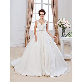 Ball Gown V-neck Chapel Train Organza Wedding Dress