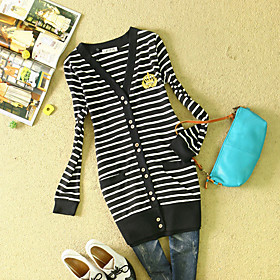 Ladies' Long Sleeve Navy Striped Sweater Cardigan