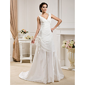 A-line V-neck  Court Train Taffeta  Wedding Dress