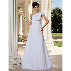A-line One Shoulder Sweep/ Brush Train Chiffon Wedding Dress