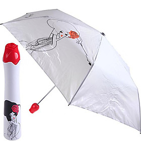 Rose Vase Design Woman Painting Folding Umbrella (Silver)