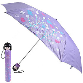 Kimono Doll Style Flower Blossom Trees Painting Folding Umbrella (Purple)
