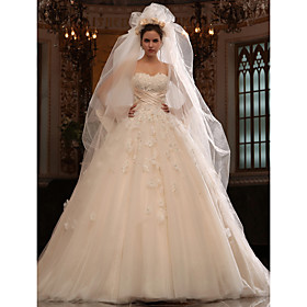 A-line Sweetheart Cathedral Train Tulle Satin Wedding Dress With Veil