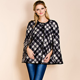 TS Round Neck Check Pattern Cloak Coat