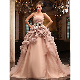 Ball Gown Strapless Chapel Train Tulle Satin Wedding Dress