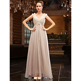 A-line V-neck Floor-length Tulle Over Chiffon Luxurious Dresses