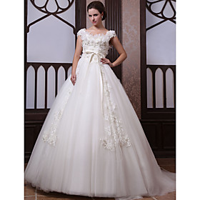 Ball Gown  Scoop Court Train Lace Satin Wedding Dress