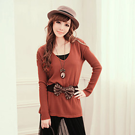 V-neck Long Sleeves Knitwear with Bow Belt