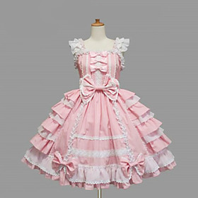 Sleeveless Knee-length Pink Cotton White Lace Sweet Lolita Dress