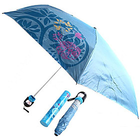 Japanese Doll Style Butterfly and Petal Painting Folding Umbrella (Blue)