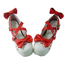 Red and White PU Leather 7.5cm High Heel Sweet Lolita Shoes with Bow