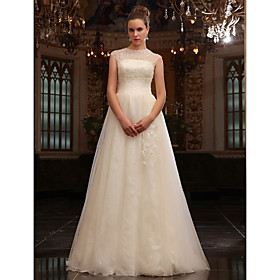 A-line Jewel Sweep/Brush Train Tulle Wedding Dress