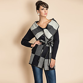 TS Check Pattern Wide Lapel PU Stitching Woolen Coat