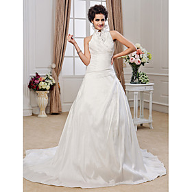 A-line Halter Chapel Train Taffeta Ruffles Wedding Dress