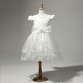 Satin And Tulle Short Sleeves Flower Girl Dress With Flower
