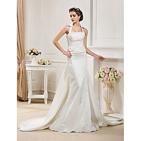 Trumpet/ Mermaid Halter Satin Wedding Dress with Removable Court Train