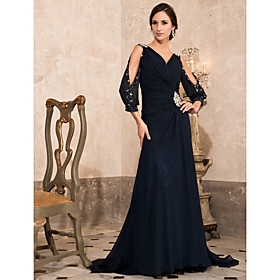 A-line V-neck Sweep/ Brush Train Chiffon Evening Dress