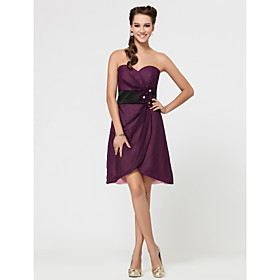 A-line Sweetheart Short/Mini Satin And Chiffon Bridesmaid Dress With Flower(s)