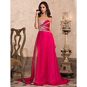 A-line Sweetheart Sweep/ Brush Train Chiffon Evening Dress