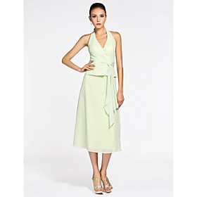 A-line Halter Tea-length Chiffon Bridesmaid Dress