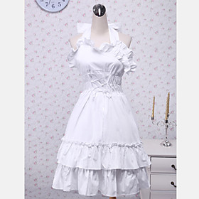 Sleeveless Knee-length White Cotton Halter Ruffles Sweet School Lolita Dress